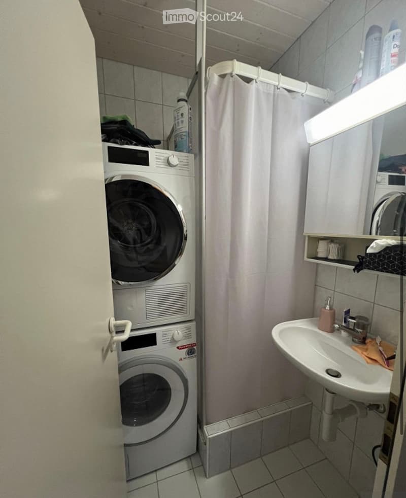 Bathroom with a sink, washing machine, and shower area with a curtain.