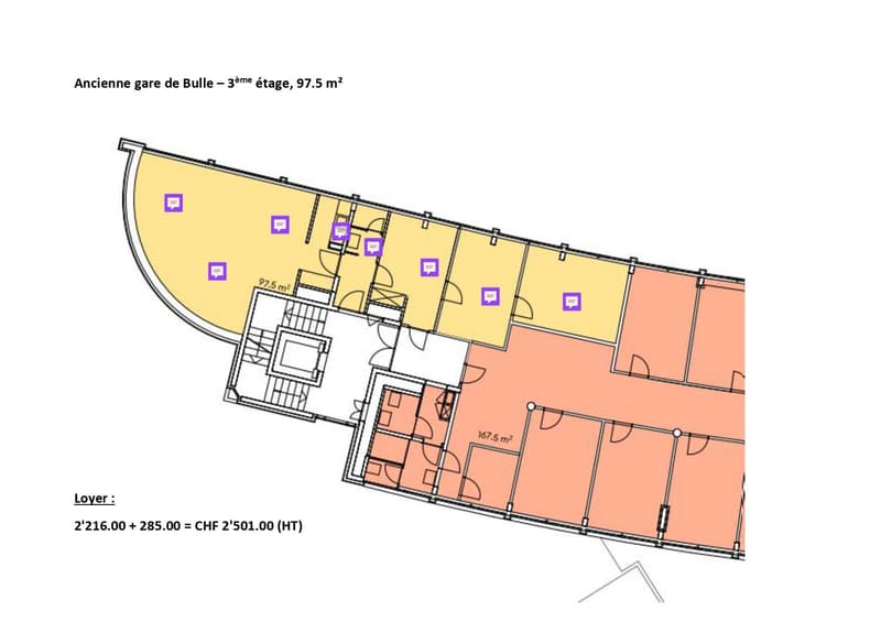 Floor plan of the 3rd floor of the former Bulle station, showing a97.5 m² area with multiple rooms and a staircase leading to another level.