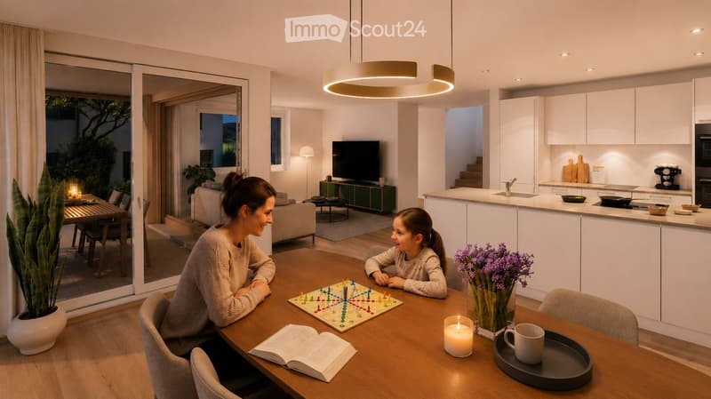 Bright, modern living and dining area with a large sliding glass door leading to a balcony. The space features a wooden dining table with chairs, a board game, a book, a candle, a vase with flowers, and a cup. A sofa and television are visible in the back