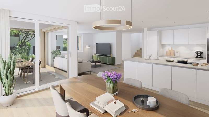 Open-plan living and dining area with a modern kitchen, large windows, and a balcony view. Features include a sofa, coffee table, TV, dining table with chairs, and a kitchen island with appliances.