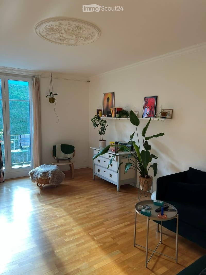 Modern living room with wooden flooring, large windows, balcony access, sofa, coffee table, small stool, chair, table, and plants.