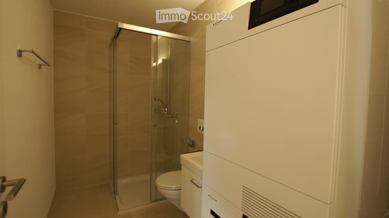 Modern bathroom with a glass-enclosed shower, toilet, sink, and built-in storage unit with a microwave on top.