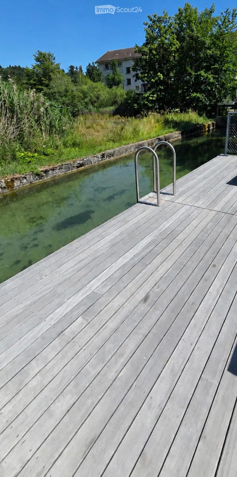 A wooden deck extends over a calm, reflective pool with a metal handrail, surrounded by lush greenery and a distant house.