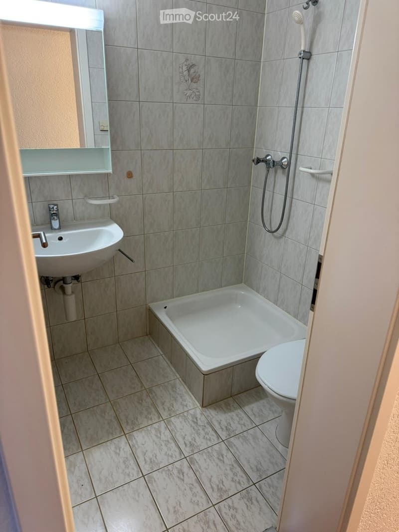 Modern bathroom with grey tiled walls and marble flooring, featuring a sink, bathtub, toilet, and a mirror with a glass shelf above it.