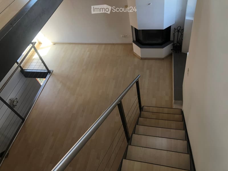 Modern hallway with wooden flooring, metal railing, and a fireplace in the background.