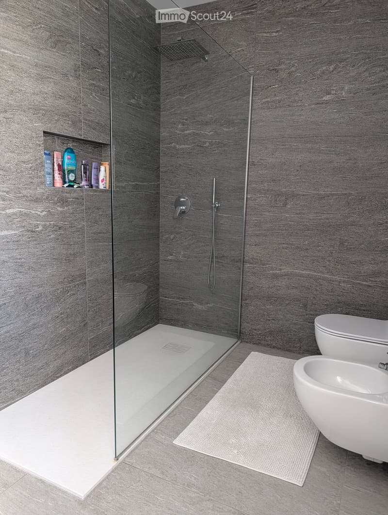 Modern bathroom with grey marble walls, a glass-enclosed shower, a toilet, a bidet, a showerhead, a faucet, a small shelf with toiletries, and a white bathroom rug.