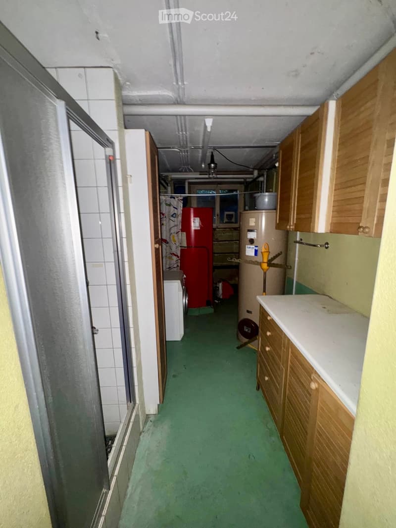 A narrow hallway with green carpeting, wooden cabinets on the right, and a partially open door leading to a room with a red refrigerator and a washing machine.