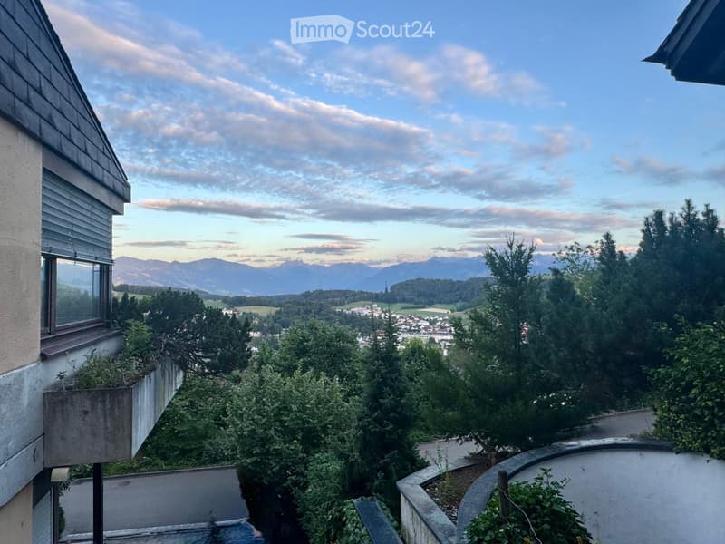 Balcony with a scenic view of a town and mountains, surrounded by trees and greenery.