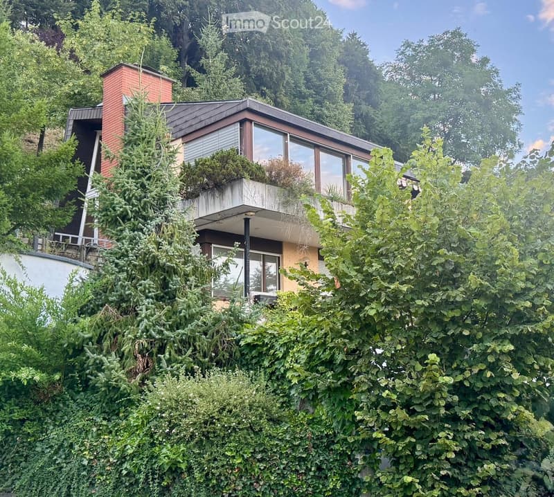 Modern two-story house with a flat roof, large windows, and a small balcony on the upper level, surrounded by lush greenery.