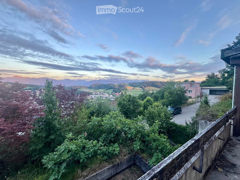 Balcony overlooking a town with mountains in the background, featuring greenery and a wooden railing.