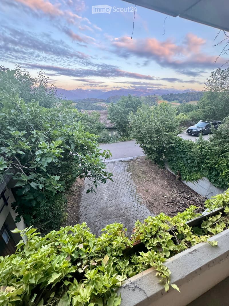 Balcony with lush green plants, overlooking a scenic valley with mountains and a road leading to a parked car.