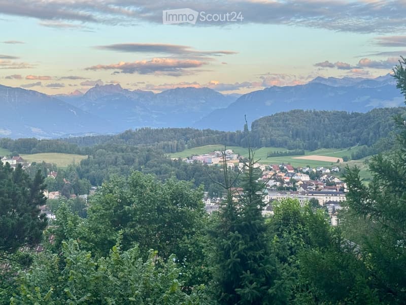 Panoramic view of a town nestled in a valley surrounded by mountains and lush green forests.