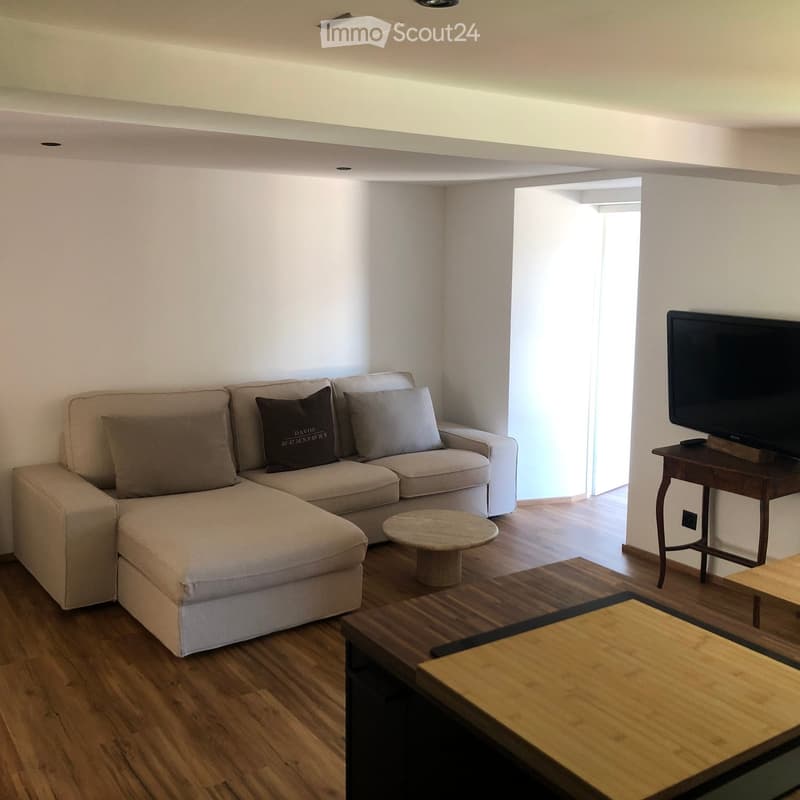 Modern living room with a light-colored sectional sofa, wooden coffee table, small round side table, and flat-screen TV on a wooden stand.