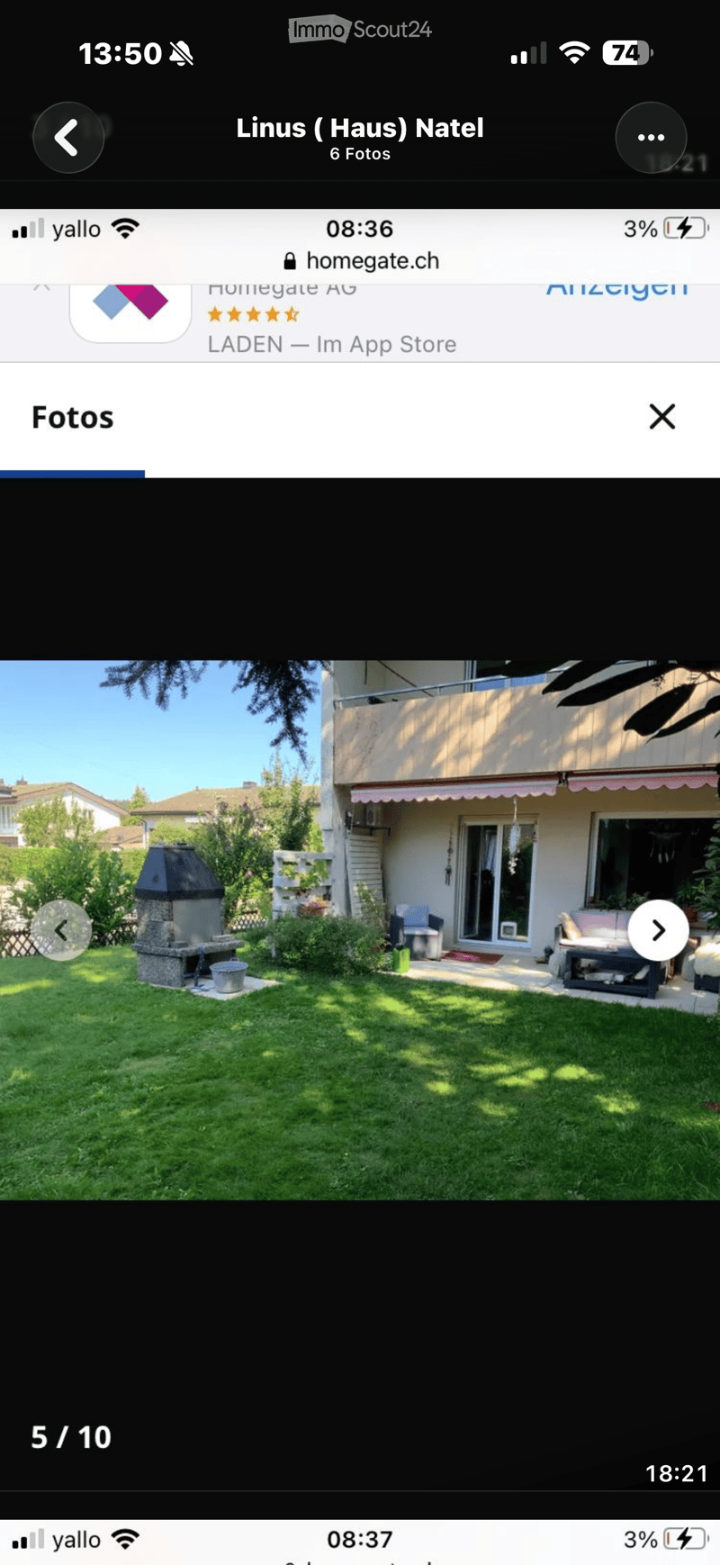 Well-maintained garden with a barbecue, patio furniture, and a modern house with large windows and a balcony.