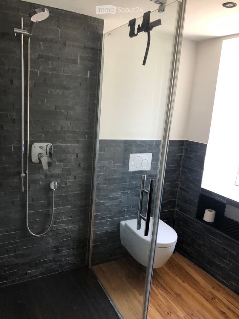 Modern bathroom with black tiled walls, glass shower enclosure, and wooden flooring.