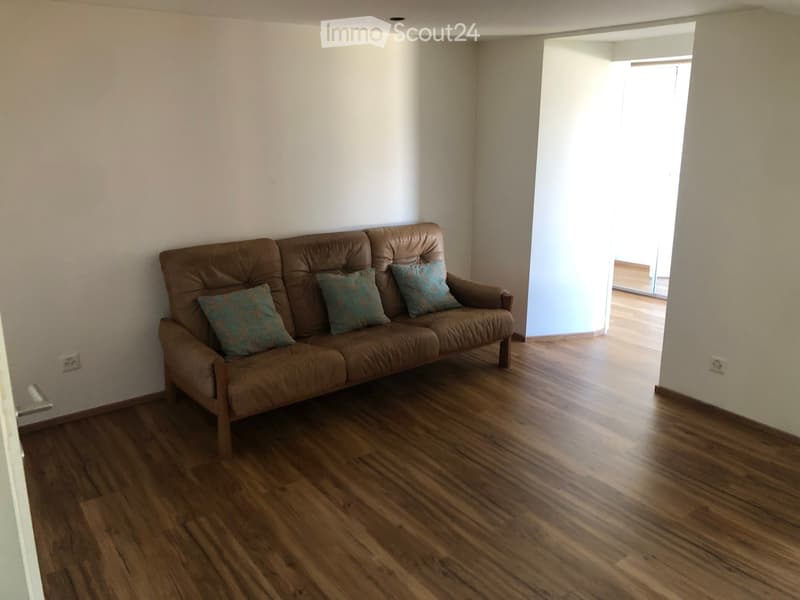 Living room with a brown leather sofa, three blue pillows, and wooden flooring.