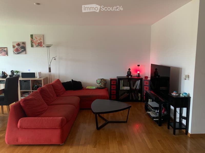 Modern living room with a red sectional sofa, black coffee table, wooden floor, bookshelf, and decorative items.
