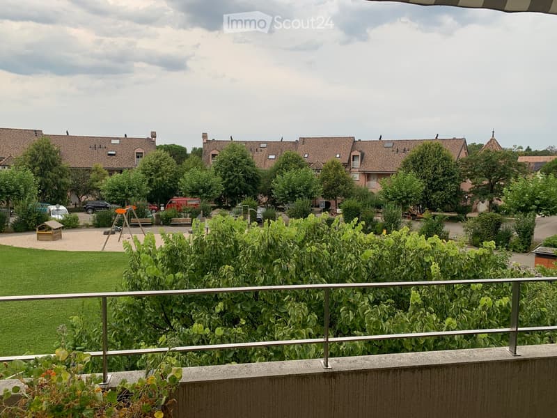 Balcony overlooking a residential area with houses, trees, and a playground.