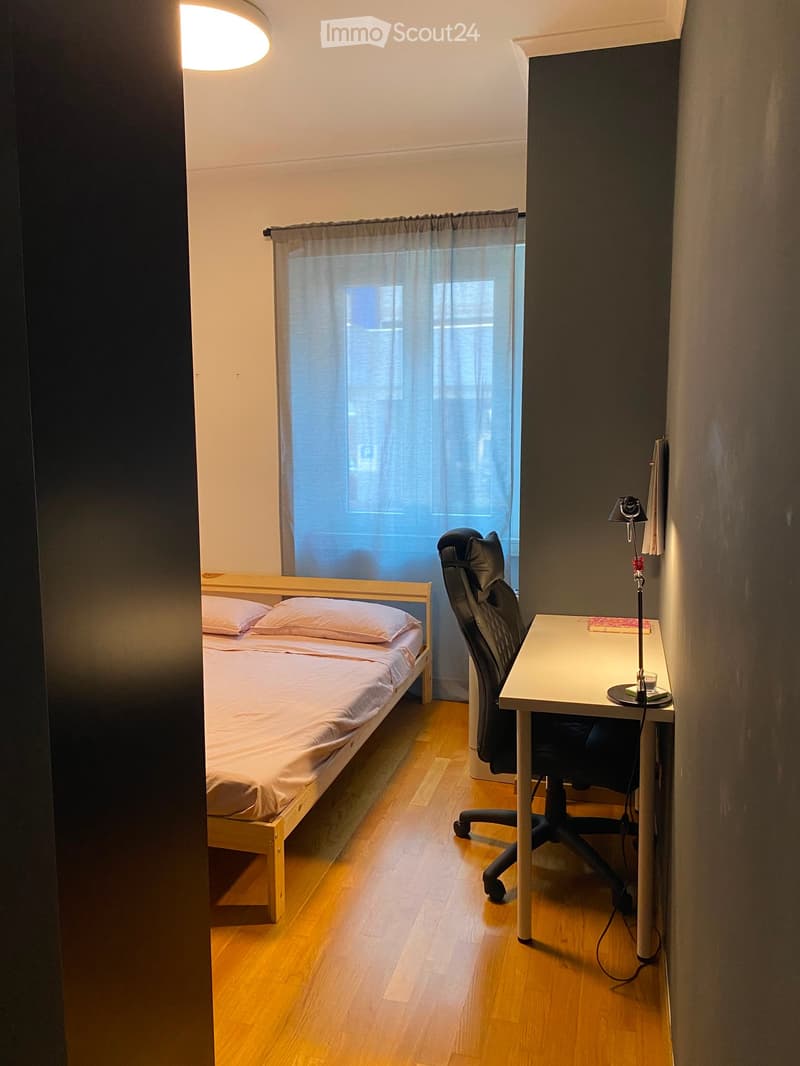 Cozy bedroom with a single bed, desk, chair, and lamp. The room features wooden flooring and large windows with sheer curtains.