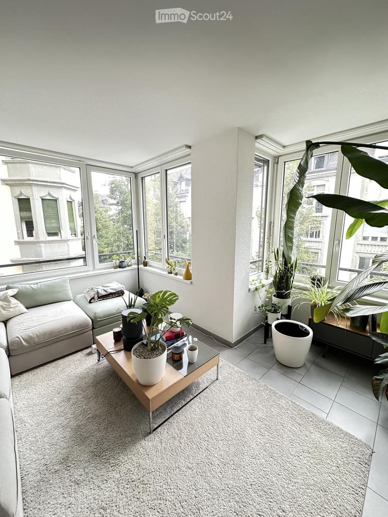 Bright living room with large windows, a grey sectional sofa, a wooden coffee table with potted plants, and a shaggy white rug.
