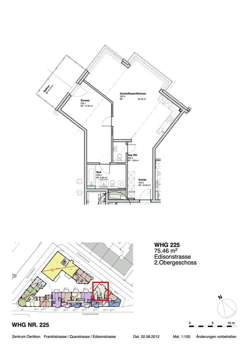 Floor plan of a 75.46 m² apartment on the second floor, including a kitchen/dining/living area, bedroom, bathroom, separate WC, entrance, and balcony.