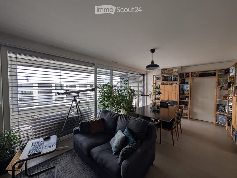 Modern living room with large windows, grey sofa, laptop on side table, dining table with chairs, bookshelf, and potted plants.