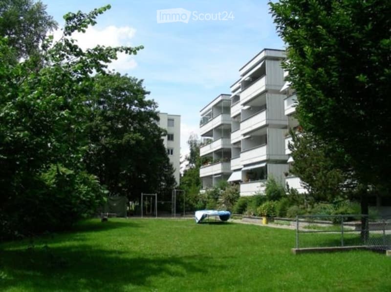 A well-maintained green lawn area with trees, a modern multi-story building in the background, and a small fenced area with a table and chairs.