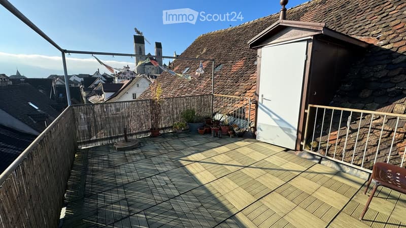 Roof terrace with wooden decking, metal railing, potted plants, and a view of the town.