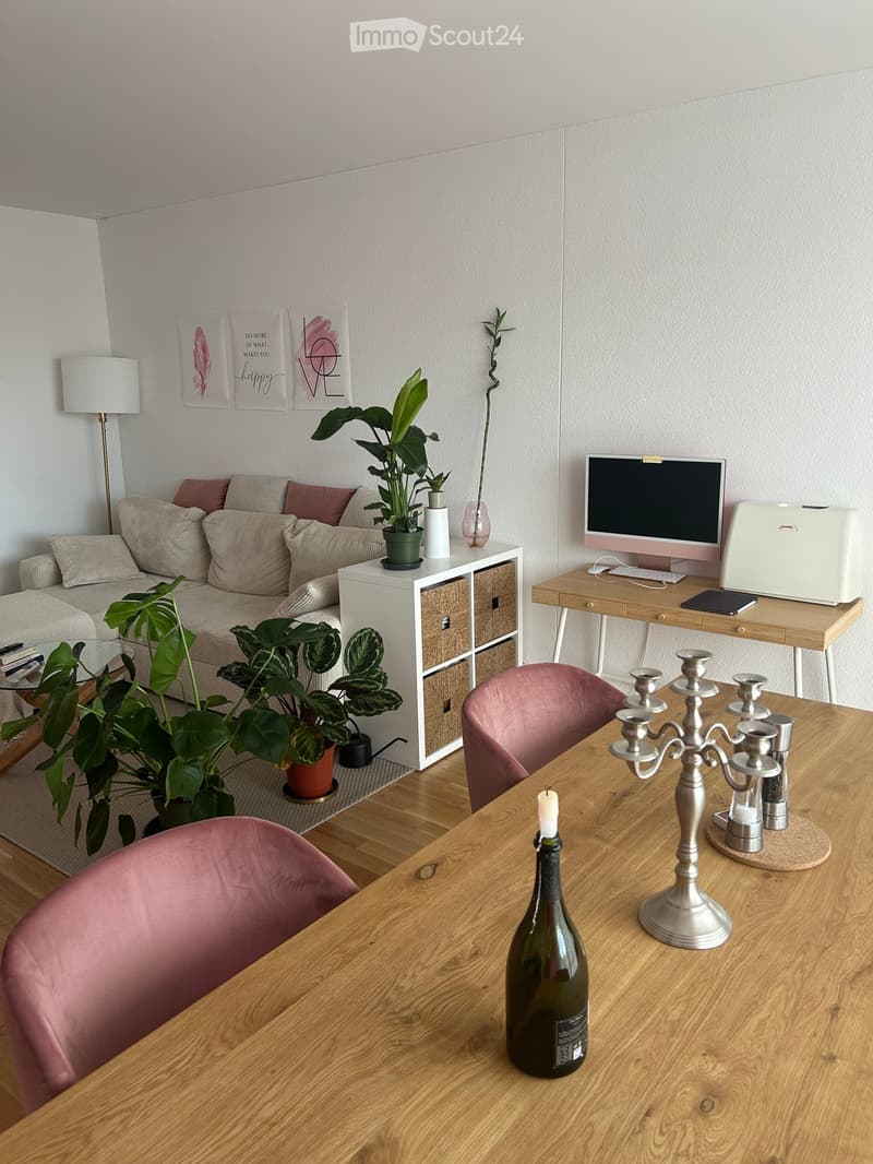 A modern living room with a sofa, a wooden table, a pink chair, a screen, a keyboard, a candle holder, a bottle, and plants.