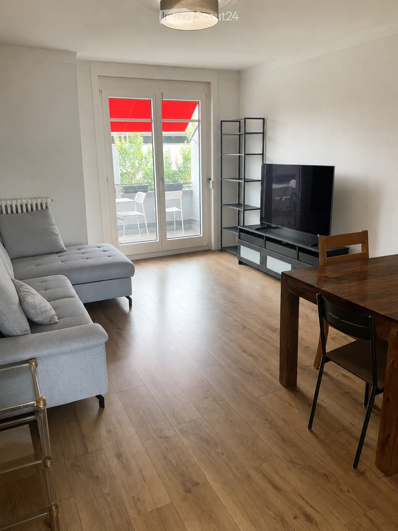Modern living room with light wooden flooring, grey sectional sofa, glass coffee table, dining table with chairs, TV on a stand, and a balcony with outdoor seating visible through large glass doors.
