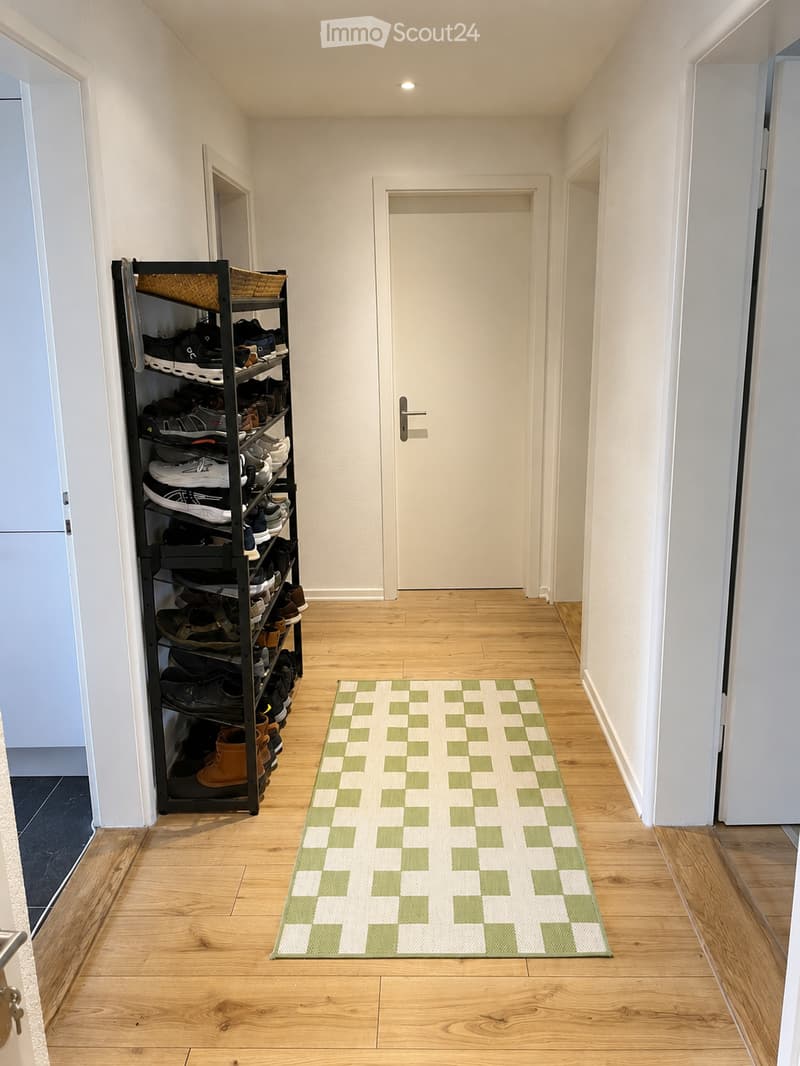 A narrow hallway with wooden flooring, white walls, and a green and white checkered rug. A black shoe rack filled with various shoes is positioned on the left side, and a closed white door is visible at the end of the hallway.