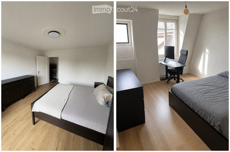 Two images of a modern bedroom with wooden flooring, a bed with grey bedding, a nightstand, a dresser, a desk with a computer monitor, and a chair.