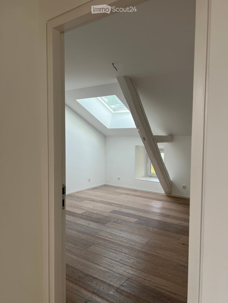 Empty attic room with wooden flooring, white walls, and a skylight window. No furniture or equipment present.