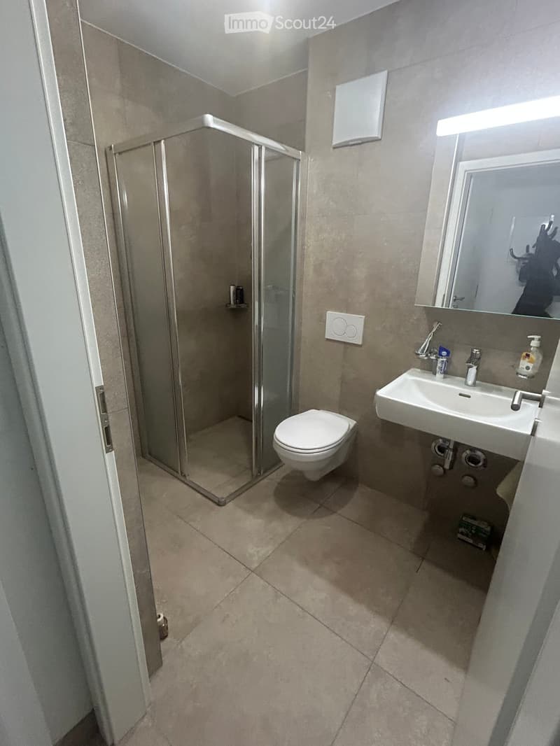 Modern bathroom with a toilet, sink, mirror, and a glass-enclosed shower. Light-colored tiles and a sleek design.