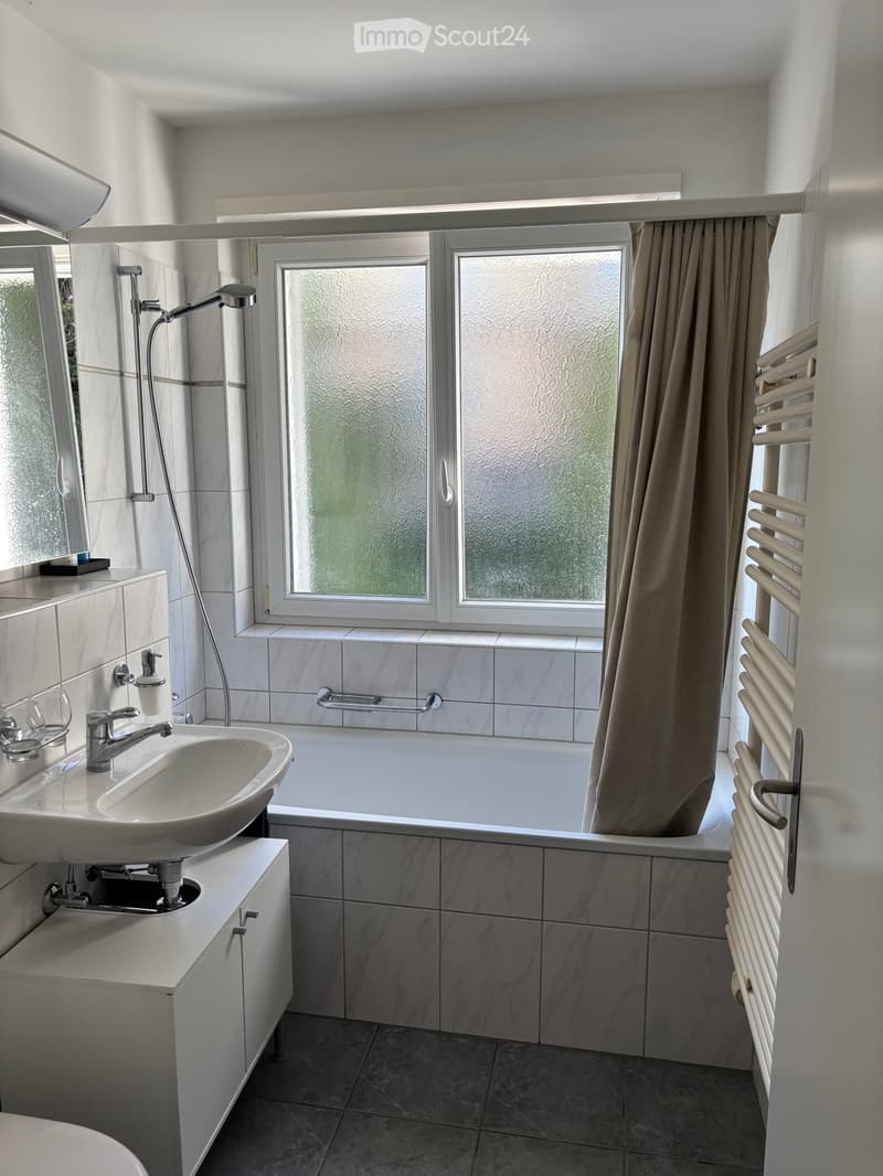 Modern bathroom with a white sink, bathtub, and large window with frosted glass. Includes a radiator, mirror, and soap dispenser.