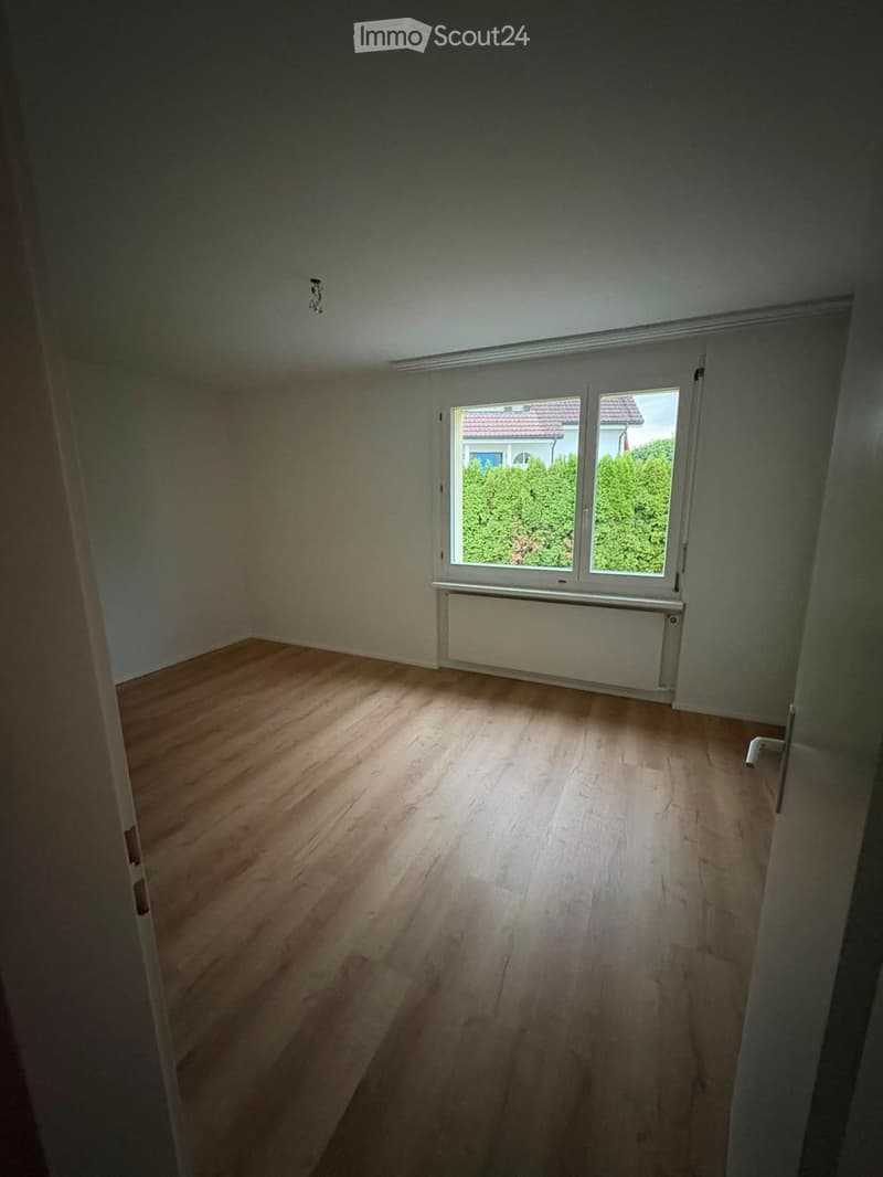 Empty room with wooden flooring, white walls, and a large window with white frames. The room has a radiator below the window and a visible light fixture on the ceiling.