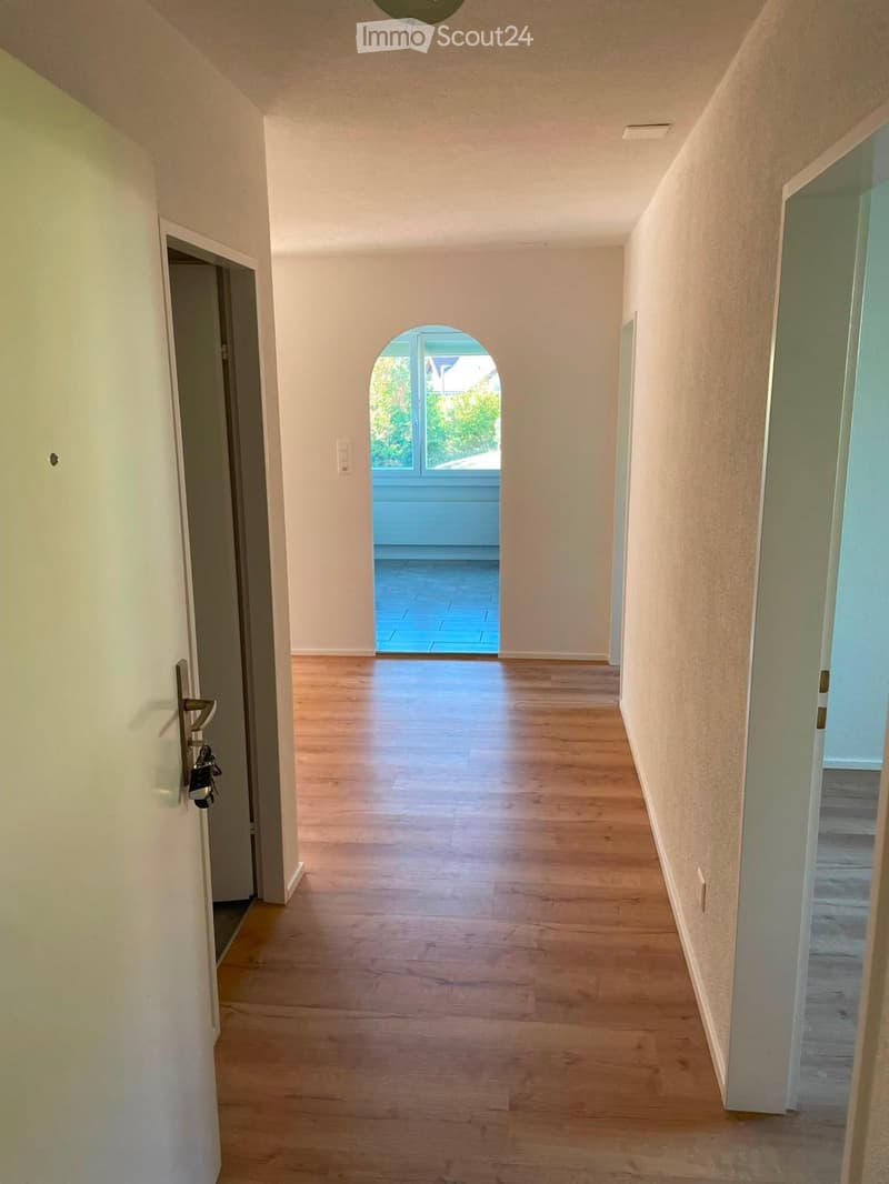 Empty hallway with wooden flooring, white walls, and a small arched window at the end leading to a blue-tiled area.