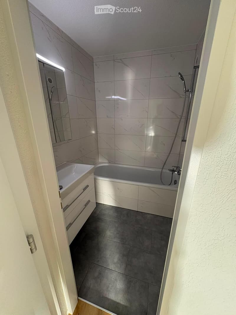 Modern bathroom with a bathtub, sink, mirror, and showerhead. The walls are tiled in a light grey marble pattern, and the floor is covered with dark grey tiles.