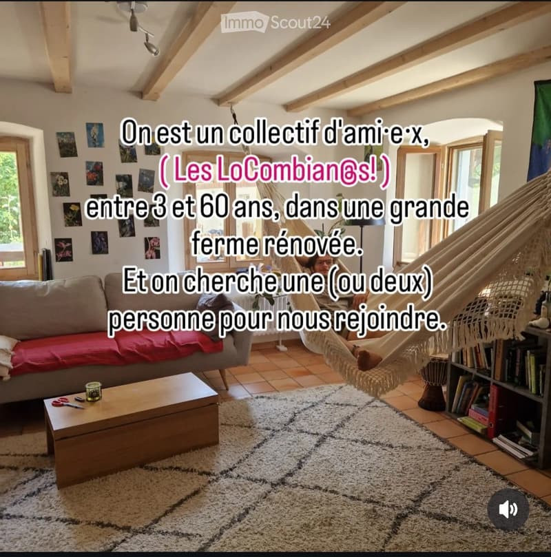 Cozy living room with exposed wooden beams, a grey sofa with red cushions, a wooden coffee table, a hanging hamaca, a bookshelf, and a large white rug.