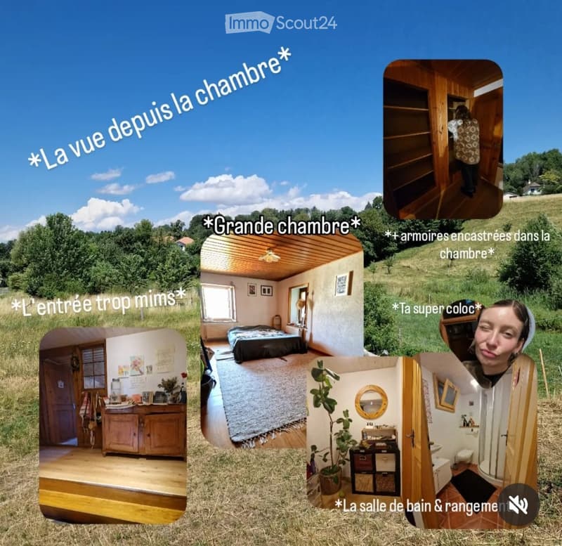 A collage of images showcasing a cozy, rustic house with a large bedroom, built-in wardrobes, a small entryway, and a bathroom with a round mirror and potted plant. The view from the bedroom shows a scenic countryside landscape.