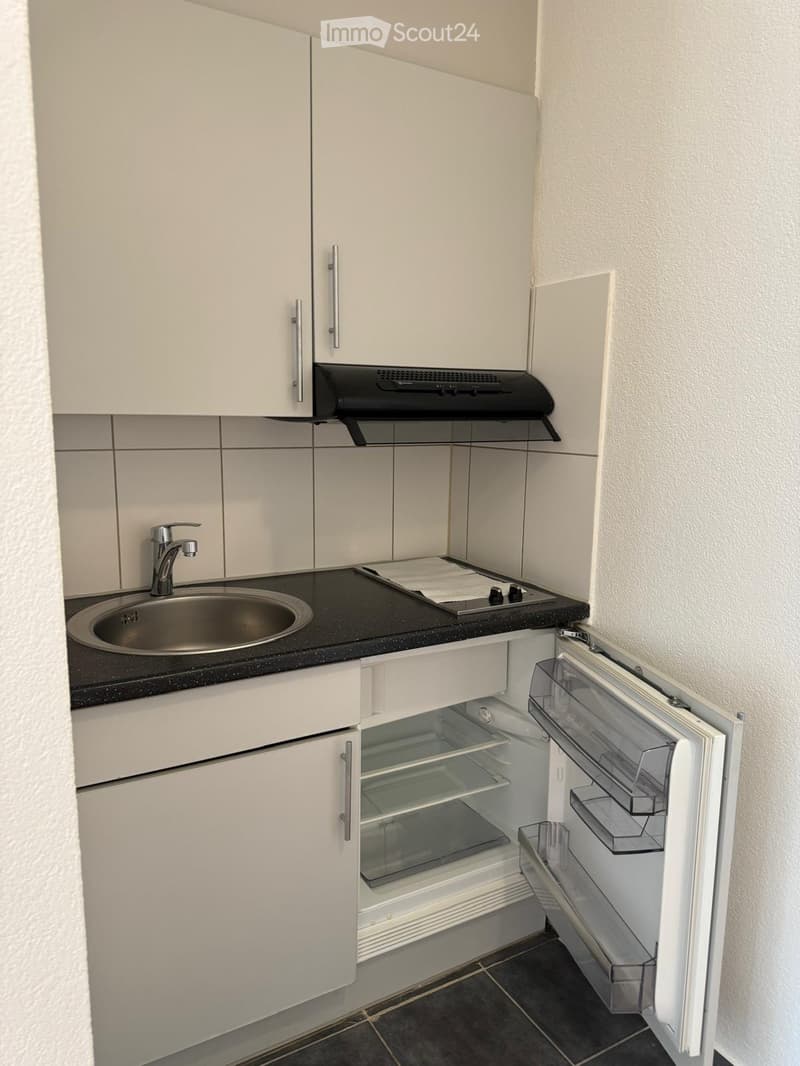 Compact kitchen with white cabinets, stainless steel sink, range hood, and open refrigerator.