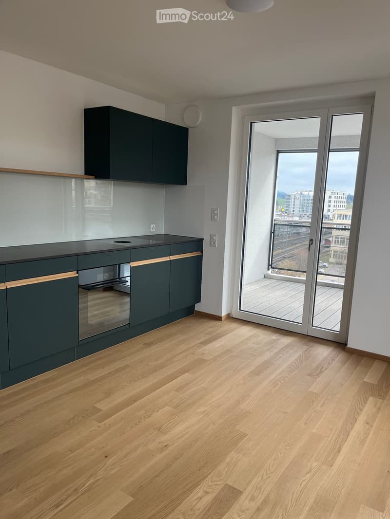 Modern kitchen with dark green cabinets, wooden flooring, and a sliding glass door leading to a balcony.