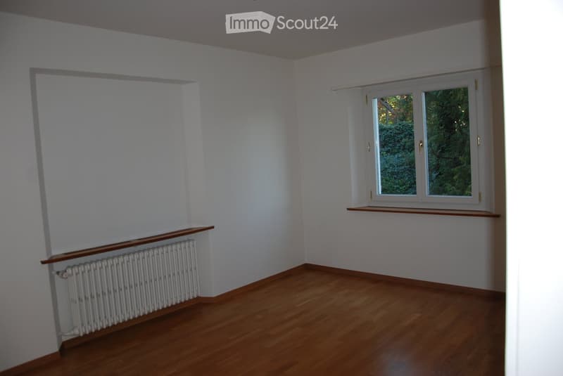 Empty room with wooden flooring, white walls, a radiator, and a window with a view of greenery.