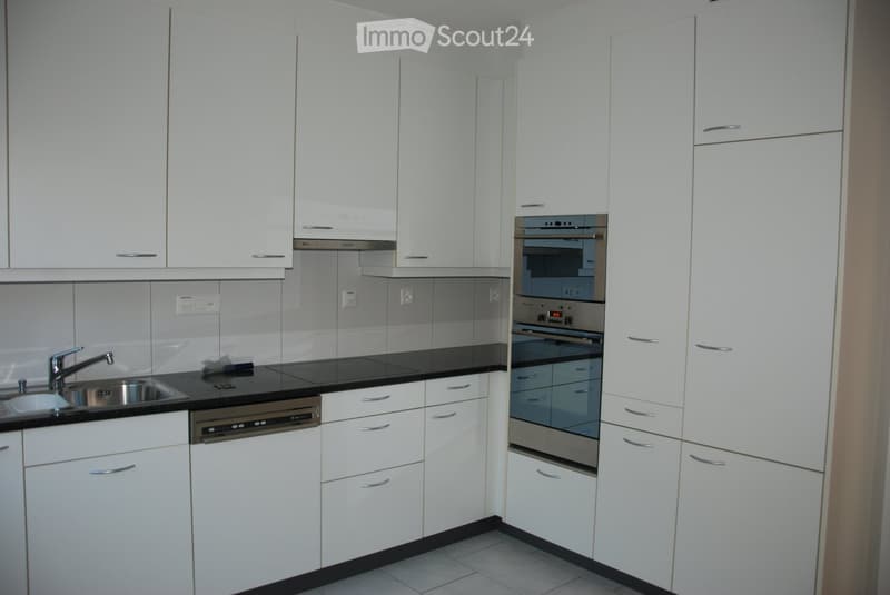Modern kitchen with white cabinets, stainless steel appliances, and a black countertop.