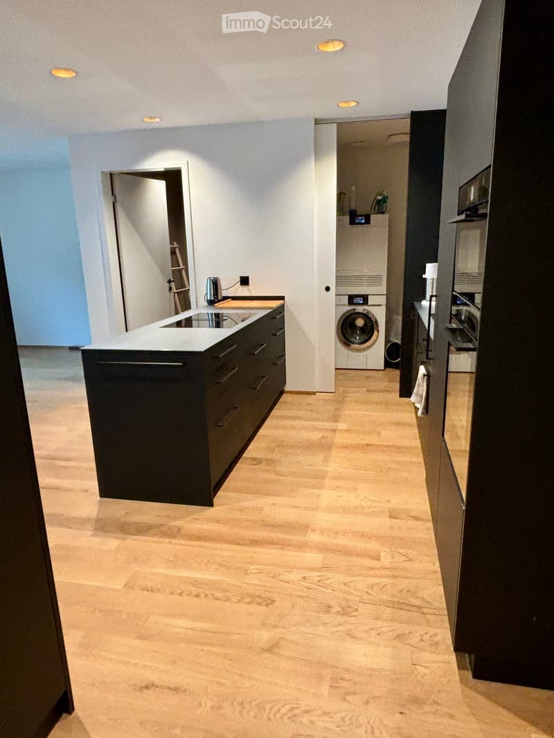 Modern kitchen with dark cabinets, a central island, and integrated appliances including a washing machine and dishwasher.