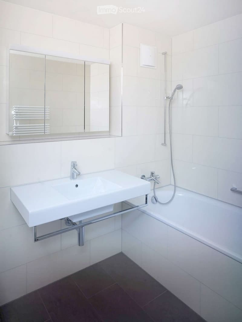 Modern bathroom with white tiles, a white sink with a chrome faucet, a bathtub with a handheld showerhead, and a large mirror above the sink.