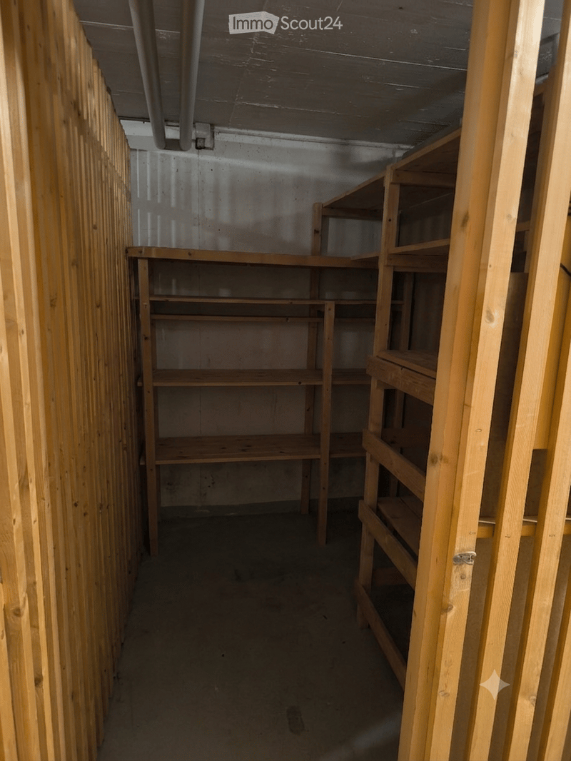 Empty storage room with wooden shelving units and concrete floor, no furniture or equipment.