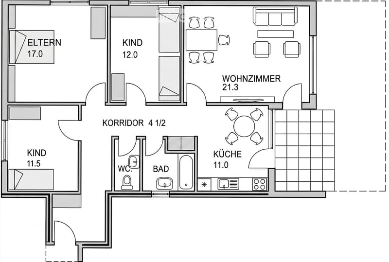 Floor plan of a 4-room apartment with living room, kitchen, two bedrooms, bathroom, and hallway.