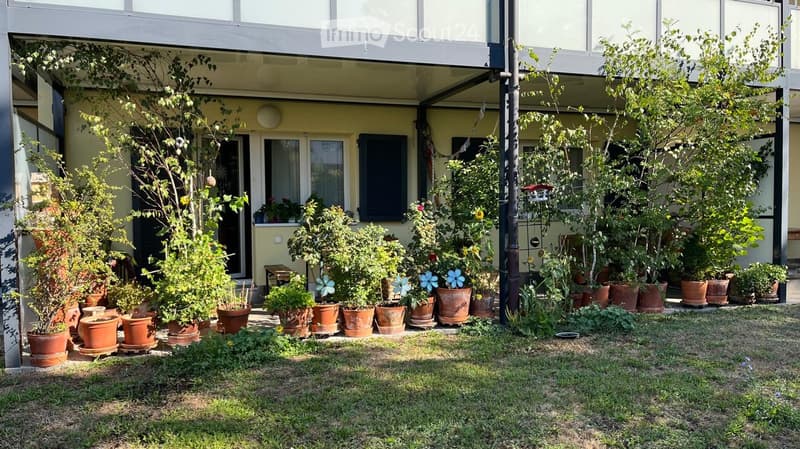 Garden area with potted plants, grass, and a covered patio area with windows and doors leading to the building.