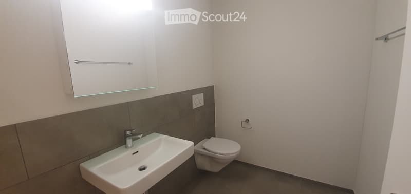 Modern bathroom with a white sink, chrome faucet, toilet, and a white cabinet with a towel rack above it. The walls are tiled in a two-tone design with brown lower tiles and white upper tiles.